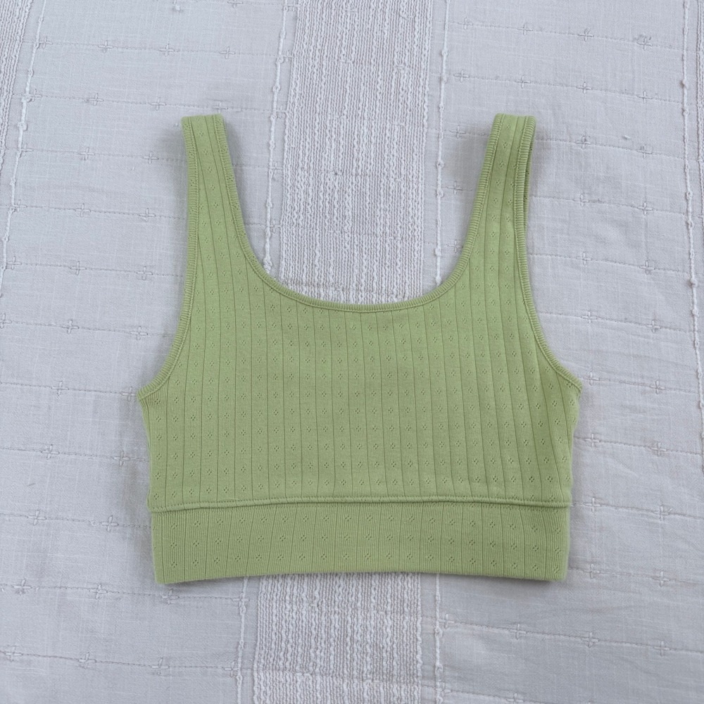 American Eagle Tank Top Womens XS Green Pointelle Ribbed Crop Scoop Neck Cotton